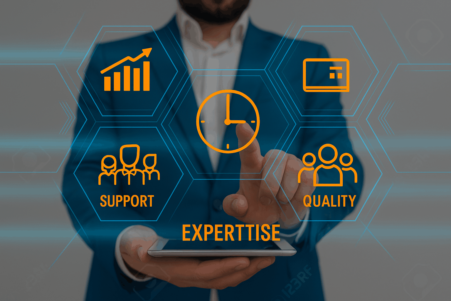 Digital marketing agency in surat showcasing expertise, quality service, analytics growth, and dedicated customer support through modern business technology